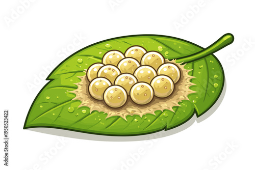 Vector illustration of insect eggs clustered on a green leaf with dew drops, representing a natural growth stage of garden pests or wildlife in a clean flat style for biology and agriculture.