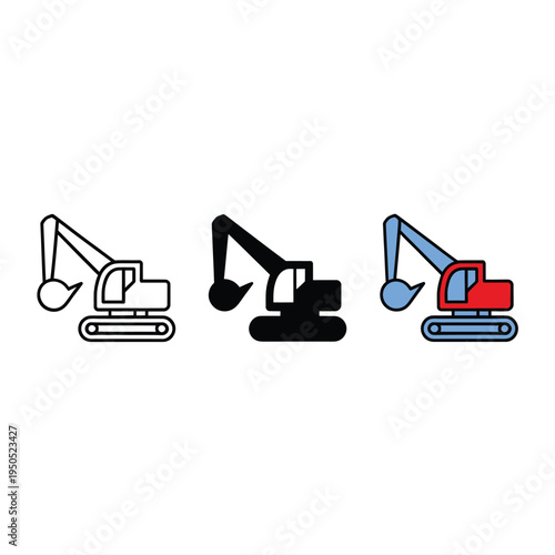 Three variations of an excavator icon outline solid and colored versions