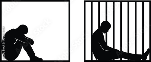 Black silhouette depressed lonely man sitting head down despair prison bars jail cell depression sadness mental health struggle vector illustration set.