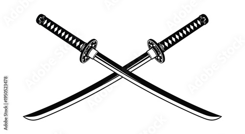 A striking black and white illustration depicts two traditional japanese katanas crossed showcasing their elegant design and sharp blades high quality