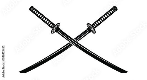 A striking black and white illustration depicts two traditional japanese katanas crossed symbolizing honor warfare and martial arts