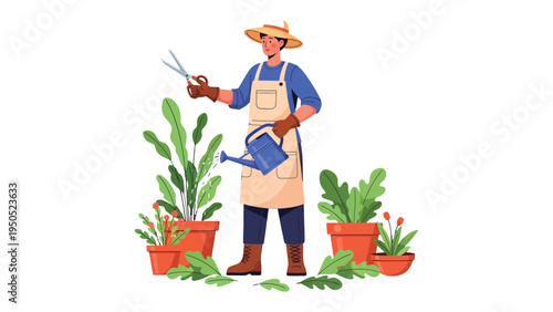 Gardener Nurturing the Garden: A diligent gardener tends to his vibrant garden, armed with shears and a watering can, ensuring the plants thrive and flourish, embodying care and dedication.