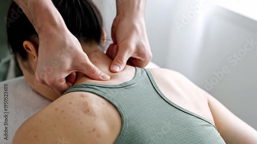Close-up of a client receiving a manual neck and upper back massage from a physical therapist