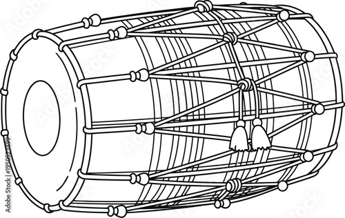 Simple line art illustration of a traditional Indian Dholak drum, a two-headed percussion instrument with characteristic lacing, perfect for cultural music projects and designs.
