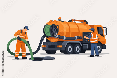 Professional Sanitation Workers Operating an Orange Sewage Vacuum Truck for Septic Tank Cleaning and Wastewater Maintenance Service, Industrial Drainage System Repair and Manhole Suction Illustration