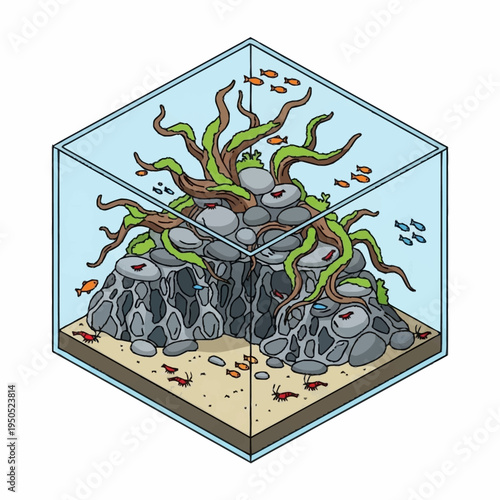 Isometric Aquarium Ecosystem with Aquatic Life and Plants.