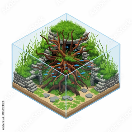 Exquisite Aquascape Design with Lush Greenery and Natural Wood.