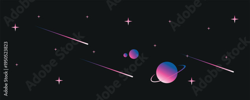 Pastel Cosmic Sky with Planets Shooting Stars & Rings – Dreamy Pink Blue Space Background Vector