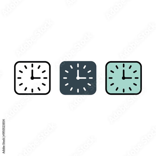 Three square clocks with varying color schemes displaying approximately ten past ten