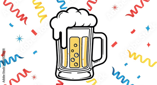 Illustration of a frothy beer stein overflowing with head surrounded by colorful streamers and confetti suggesting a festive celebration or party atmosphere.