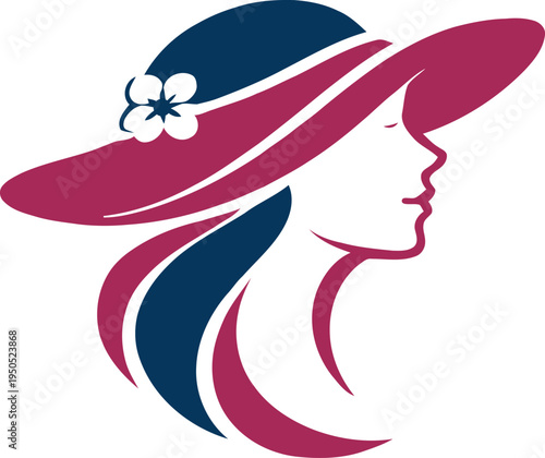 Stylish beauty logo featuring a feminine woman face with hat and flower. Modern elegant design symbolizing beauty, fashion and skincare. Perfect for beauty salons, cosmetic brands, spa centers, hair s