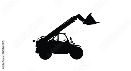 A stark silhouette depicts a telescopic handler a versatile construction machine poised with its extended boom and bucket