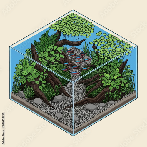 Beautifully Designed Aquarium Ecosystem with Lush Greenery and Driftwood.