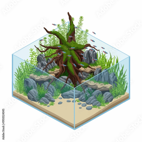 Aquatic Ecosystem With Lush Greenery and Small Fish.