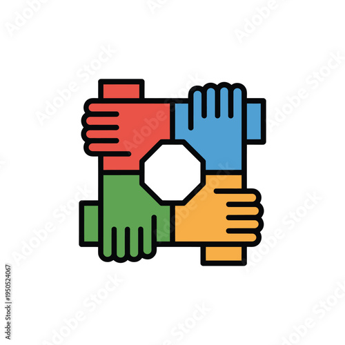 Four hands join together around a central octagon symbolizing unity