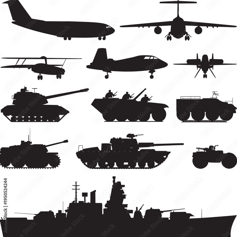 Fototapeta premium Military Vehicles Silhouette Set, Army Tank Aircraft Helicopter Warship Vector Collection