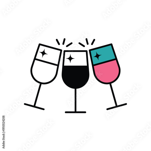 Three wine glasses clinking together in a minimalist colorful illustration