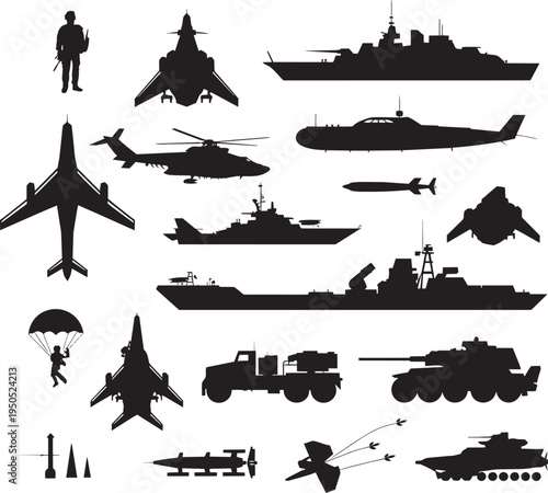 Modern Military Warfare Silhouette Set - Tactical Combat Vehicles, Navy Warships, Submarines and Fighter Jets Vector Icons