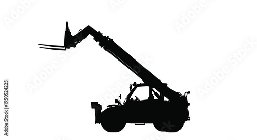 A stark silhouette depicts a heavy duty telescopic handler showcasing its mechanical structure against a bright white backdrop high quality