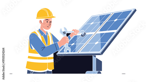 Solar Panel Technician at Work: An individual, clad in a safety vest and helmet, meticulously works on a solar panel, embodying the essence of renewable energy