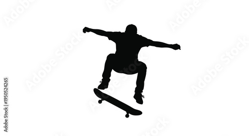A silhouetted figure performs a dynamic skateboarding trick mid air showcasing athleticism and urban street culture high quality professional detailed