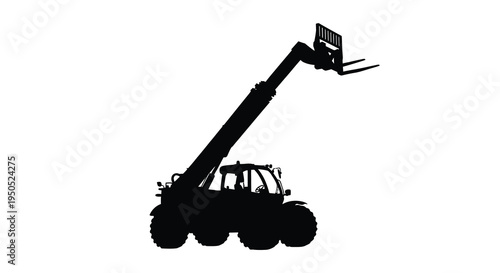 A stark silhouette of a large telehandler a versatile construction machine is displayed against a bright white backdrop