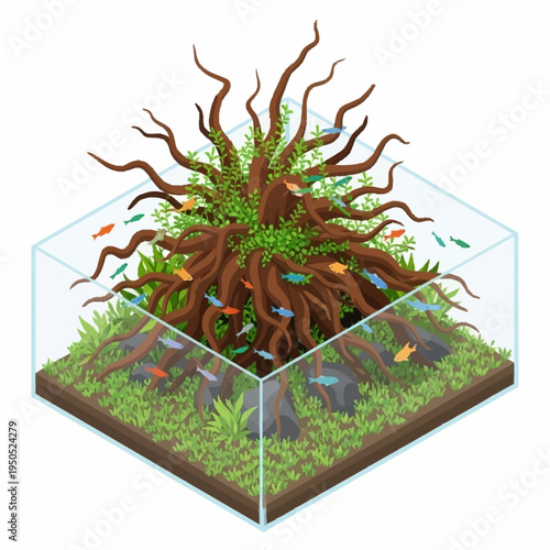 Exotic Aquarium Landscape with Driftwood and Neon Tetras.