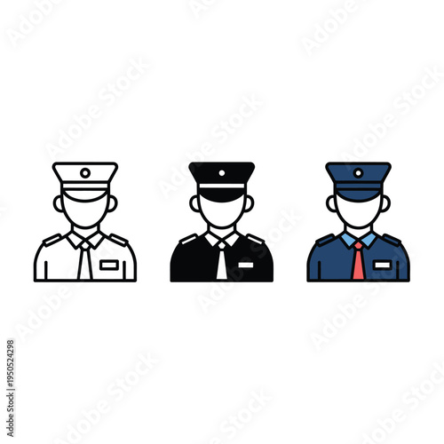 Three stylized illustrations of a uniformed train conductor or porter in different colors