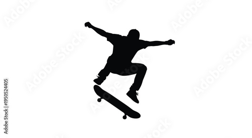 A silhouetted image depicts a skateboarder mid air performing a jump with outstretched arms and legs high quality professional detailed