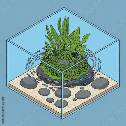 Aquatic Ecosystem Display with Lush Greenery and Small Fish.