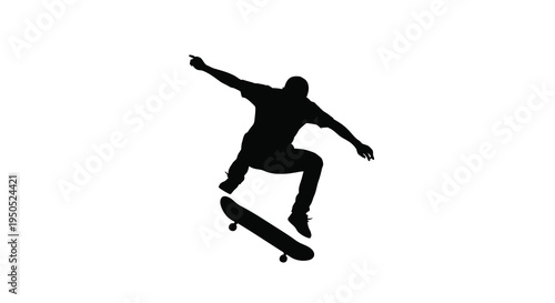 A silhouetted figure performs an aerial trick on a skateboard against a stark white background showcasing dynamic movement