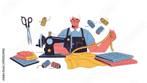 Artisan at Work: The image captures an artisan skillfully engaged in the craft of sewing, surrounded by essential tools and materials that evoke creativity and meticulousness.