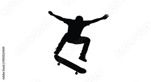 A silhouetted image depicts a skateboarder mid air performing a dynamic jump above their board high quality professional detailed modern