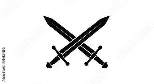 A stark black silhouette depicts two crossed swords symbolizing conflict power and historical weaponry against a white background