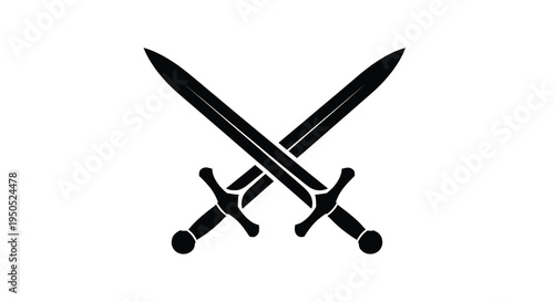 A stark black silhouette depicts two crossed swords their hilts interlocking symbolizing conflict power and historical weaponry high quality