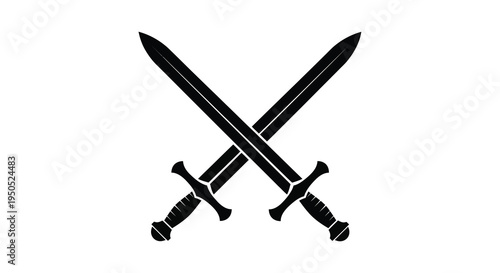 A stark black silhouette depicts two medieval swords crossed at their hilts symbolizing conflict and power high quality professional