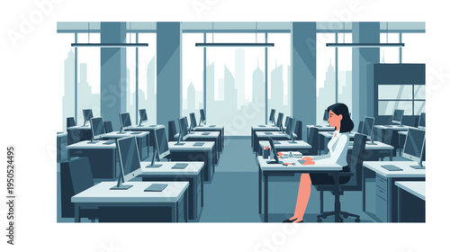 A woman works on her laptop in a spacious office with rows of desks and computers.