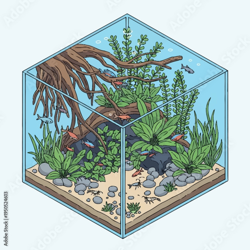 Detailed Isometric View of a Lush Aquarium Ecosystem.
