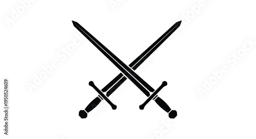 A stark black silhouette depicts two medieval swords crossed against a plain white background representing conflict high quality professional