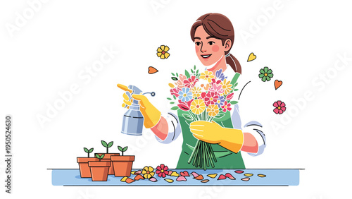 Blooming artistry: a florist in her studio, surrounded by a vibrant bouquet of freshly cut flowers, creating a breathtaking floral arrangement.