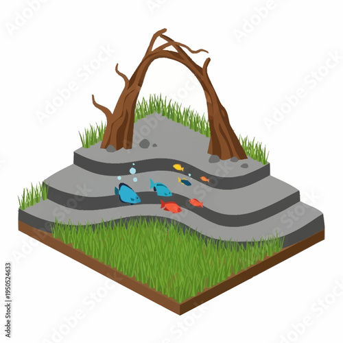Stylized Isometric Ecosystem with Trees and Fish.