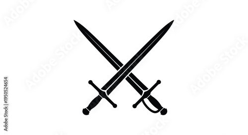 A stark black silhouette depicts two crossed swords suggesting conflict power or historical weaponry against a white background