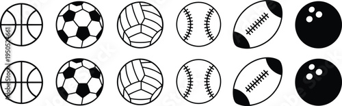 Black silhouette set of various sports balls basketball soccer volleyball baseball american football bowling ball team game equipment collection.