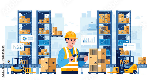 Warehouse logistics management with a worker scanning inventory for efficient operations and modern supply chain solutions