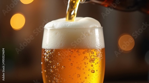 Wallpaper Mural Golden beer is poured from a bottle into a glass, forming a thick, frothy white head atop bubbly amber liquid. Warm bokeh lights glow in the background, creating a cozy, inviting atmosphere of refresh Torontodigital.ca