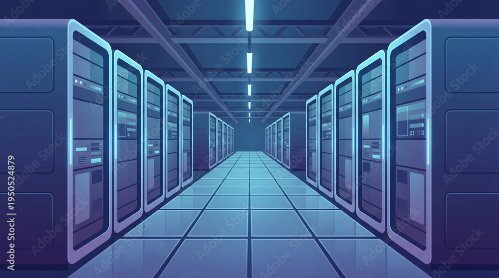 Fototapeta premium Modern Data Center Server Room with Rows of Network Servers, Cloud Computing Infrastructure, Big Data Storage Technology and Digital Information Systems, Flat Illustration