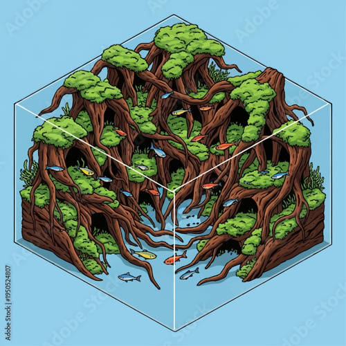Isometric Aquarium Ecosystem with Lush Mangrove Roots and Fish.