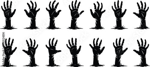 Black silhouette zombie hands emerging from ground graveyard horror scary undead fingers rising grave dirt Halloween monster set vector collection.