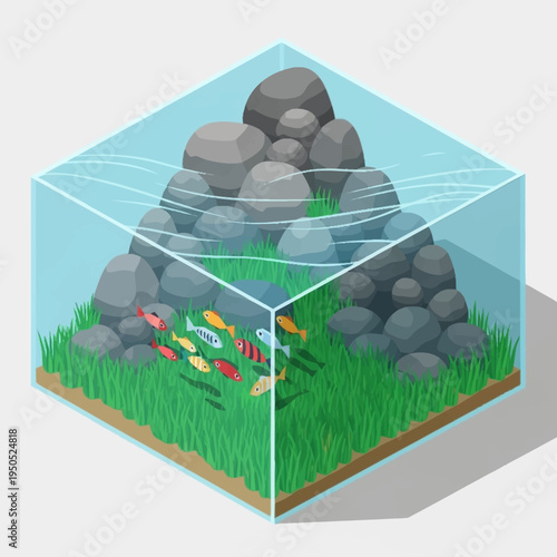 Isometric Aquarium With Fish and Rocks.
