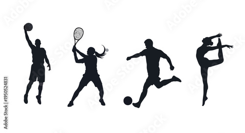 A striking silhouette composition showcases athletes engaged in various sports basketball tennis soccer and dance high quality professional detailed